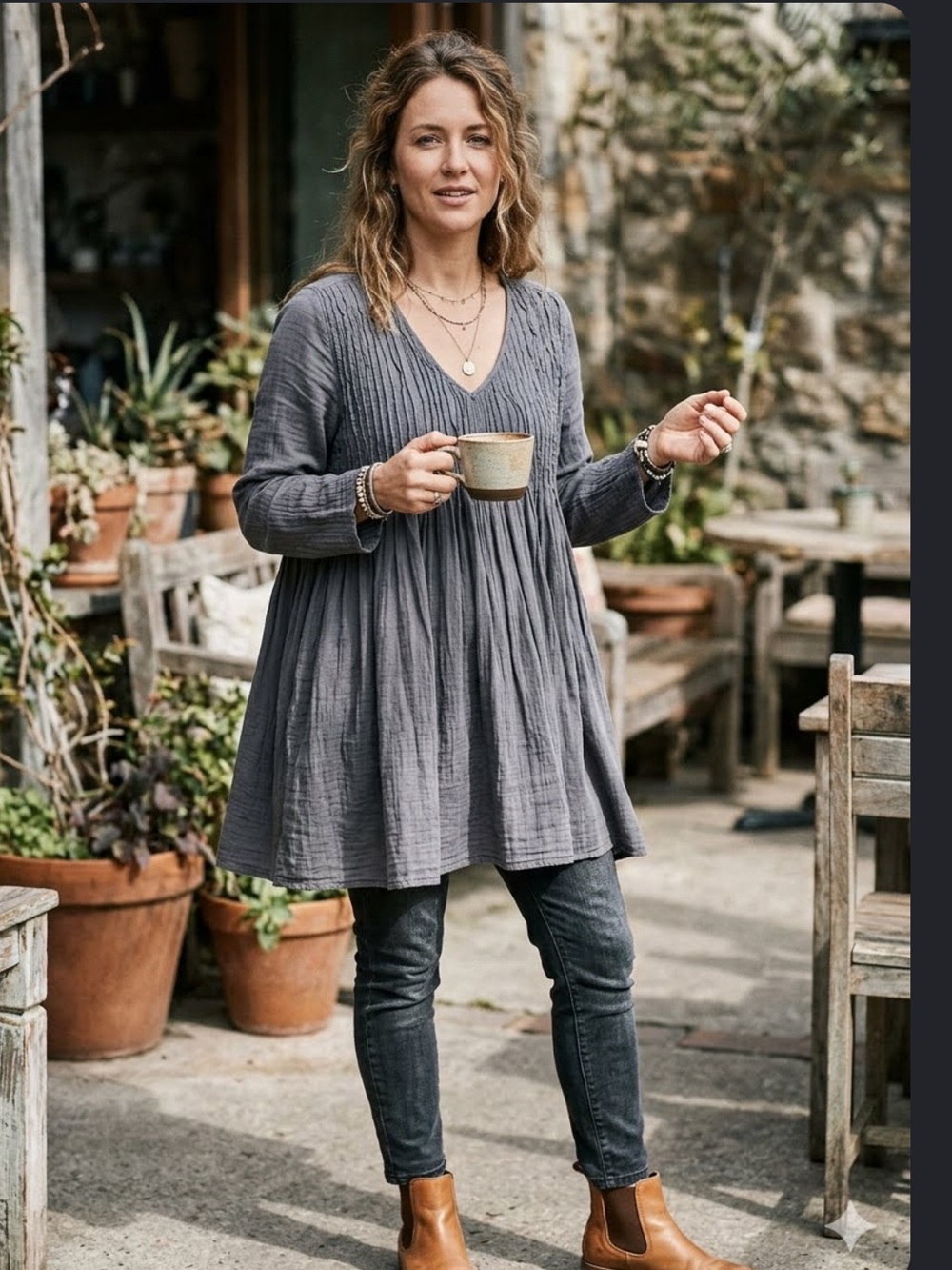 Vintage 100% Cotton Pintucked Tunic Dress Flowing Boho Y2K Cotton Boho Gray